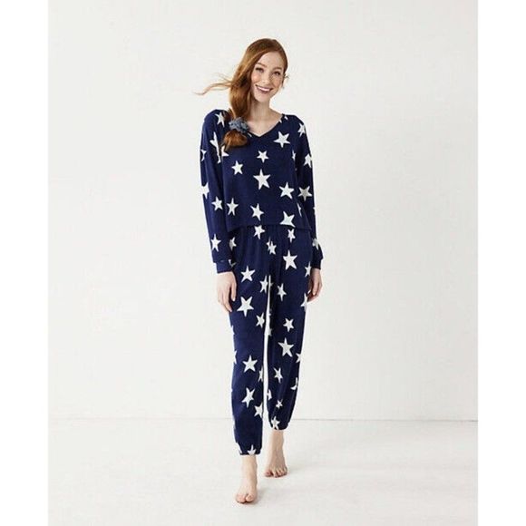 SO Boxy Long Sleeve Soft Pajama Top & Pajama Pants Set Navy Stars NWT Size M - Picture 1 of 9